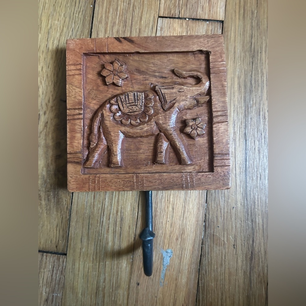 Vintage Hand Carved Elephant Wooden Wall Hook Coat Keys Rustic Boho Tribal
